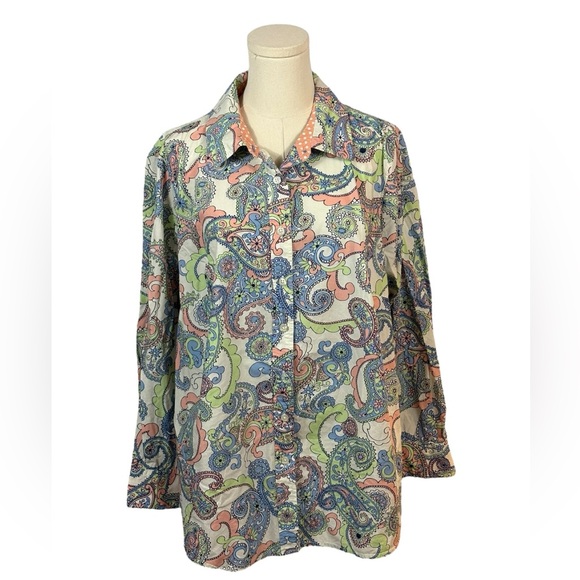 Talbots‎ 100% Cotton Blue, Pink, Green & White Patterned Button Up Shirt (1X) - Picture 1 of 4